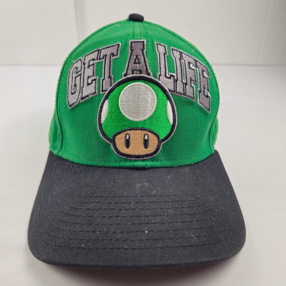 Super Mario 1-Up Mushroom Get A Life Snapback Hat Cap Green Black Nintendo Rare